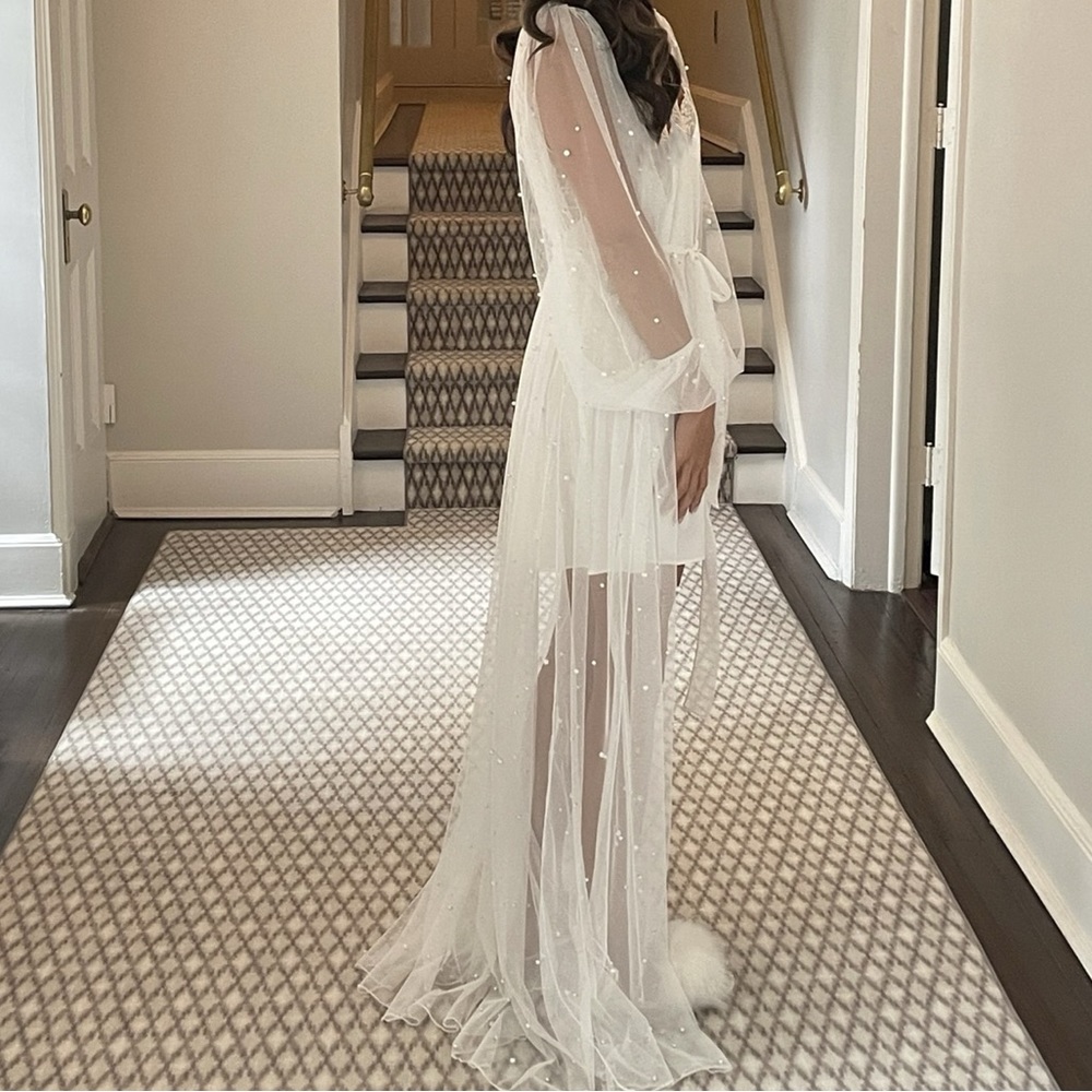 Pearl floor length robe - white / sheer